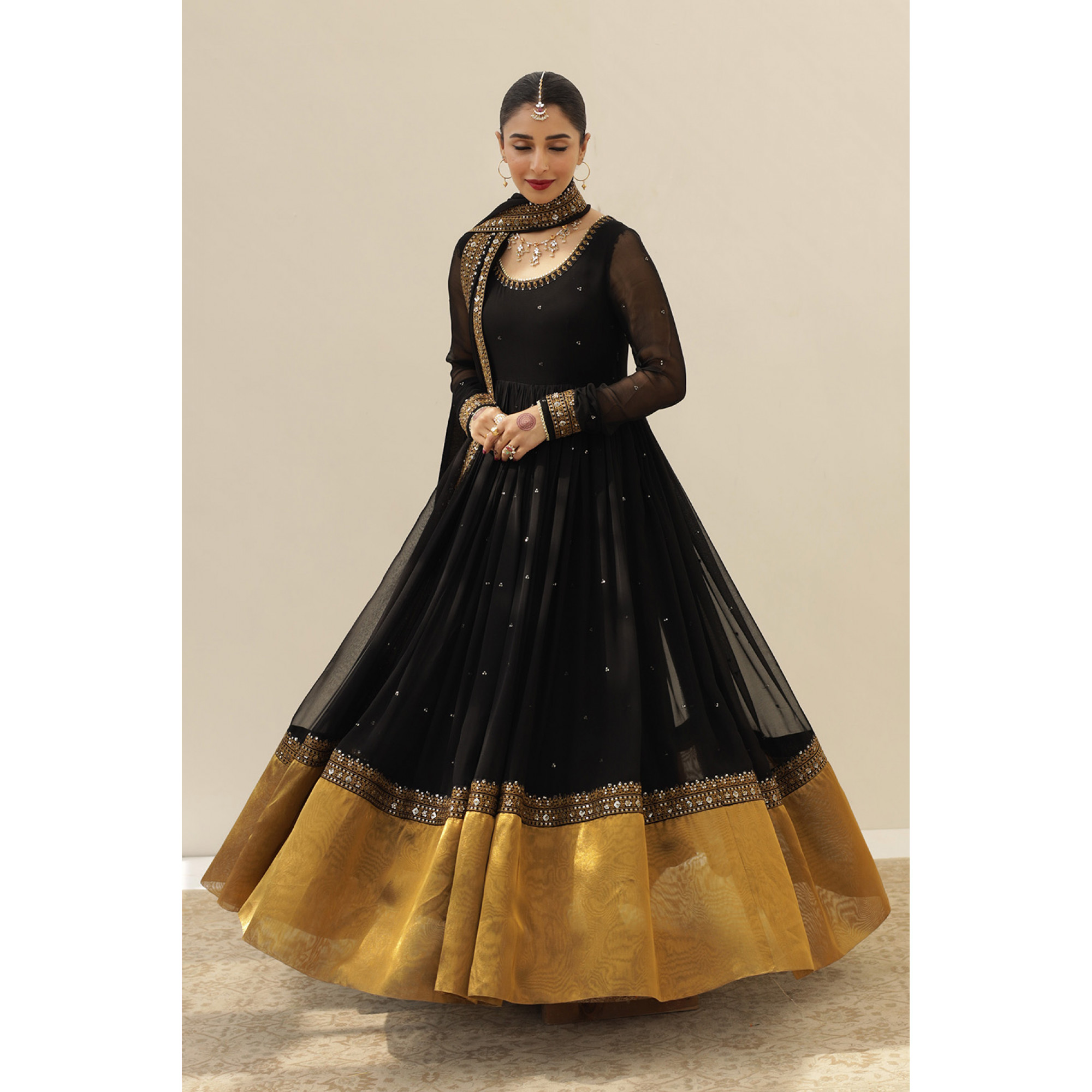 Chiffon Black Anarkali Dress Indian Embroidered Black Chiffon Anarkali Suit  (Maxi) Unstitched
