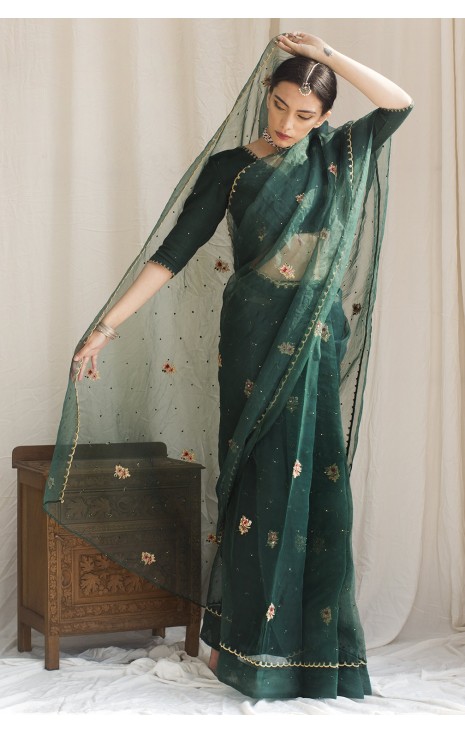 Bottle Green Saree